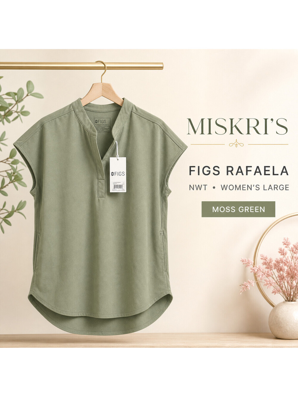 NWT FIGS Rafaela Oversized Scrub Top Women L Moss Green Mandarin Collar